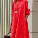 kkboxly  Casual Solid Pocket Dress, Long Sleeves V-neck Simple Mid-length Fashion Commuter Dresses, Women's Clothing