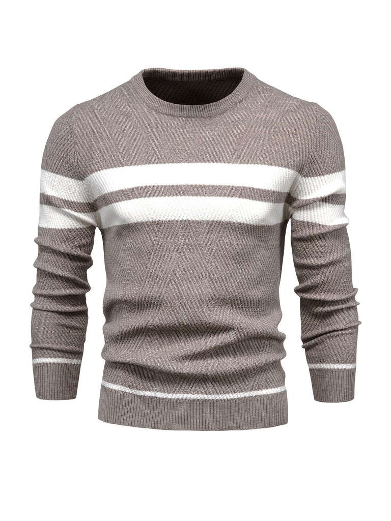 kkboxly  All Match Knitted Striped Pattern Sweater, Men's Casual Warm Slightly Stretch Crew Neck Pullover Sweater For Men Fall Winter