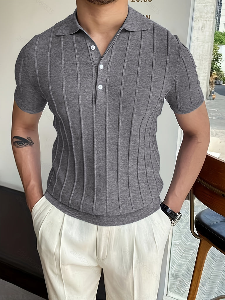 Vertical Striped Chic Shirt, Men's Casual Solid Color High Stretch V-Neck Pullover Sweater For Summer