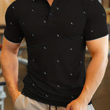 kkboxly  Dot Pattern Stripe Collar Casual Slightly Stretch Button Up Short Sleeve Polo Shirt, Men's POLO For Summer