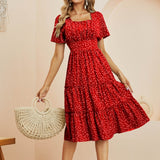 Kkboxly  Heart Print Midi Dress, Square Neck Drop Shoulder A-Line Dress, Women's Classic Casual Dresses For All Seasons, Women's Clothing