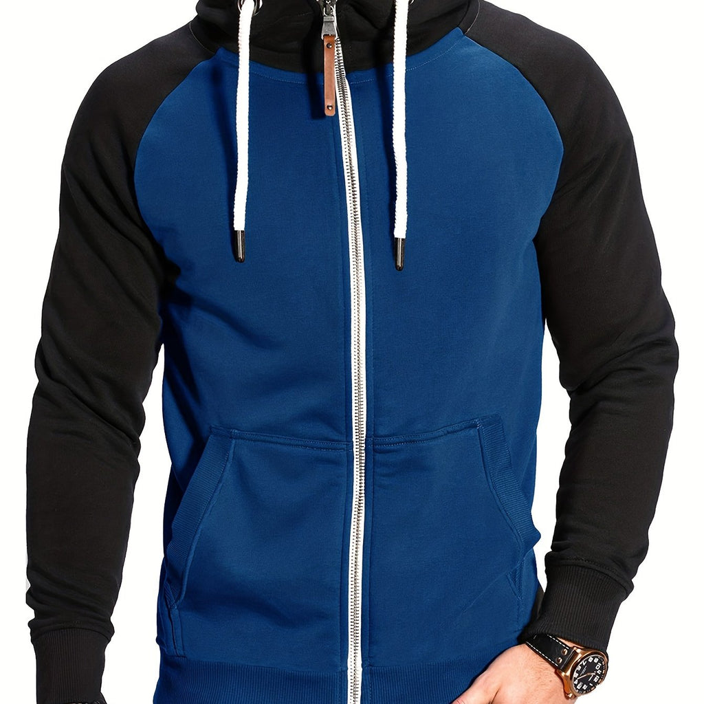 kkboxly  Trendy Color Block Men's Hooded Jacket Casual Long Sleeve Hoodies With Zipper Gym Sports Hooded Coat For Winter Fall