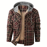 Men's Warm Fleece Hooded Plaid Retro Coat For Fall Winter