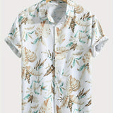 kkboxly  Tropical Leaf Retro Hawaiian Shirt, Men's Casual Button Up Short Sleeve Shirt For Summer Vacation Resort