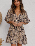 Kkboxly  Leopard Print Button Tiered Dress, Ruffle Hem V Neck Short Sleeve Layered Dress, Casual Every Day Dress, Women's Clothing