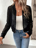 kkboxly  Plus Size Casual Coat, Women's Plus Solid Lace Long Sleeve Zip Up Slight Stretch Bomber Jacket