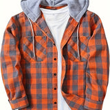 kkboxly  Classic Design Plaid Shirt Coat For Men Long Sleeve Casual Regular Fit Button Up Hooded Shirts Jacket