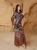 kkboxly  Sequined Crew Neck Formal Dress, Elegant Long Sleeve Backless Evening Dress For Party & Banquet, Women's Clothing