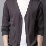 kkboxly  Men's V-neck Casual Cardigan, Plain Thermal Regular Fit Knit Sweater For Spring Autumn