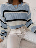 kkboxly  Color Block Striped Knit Sweater, Casual Crew Neck Long Sleeve Sweater, Women's Clothing