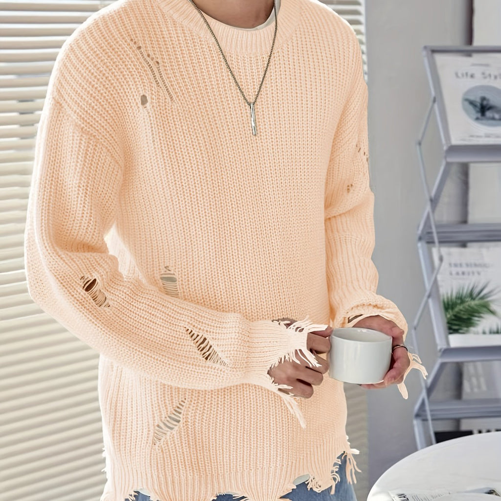 kkboxly  Men's Fall Winter Pullover Sweater Drop Shoulder Ripped Knit Sweater Round Neck Casual Knitwear