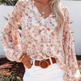 kkboxly   Floral Print Long Sleeve Blouse, V Neck Random Print Casual Top, Women's Clothing