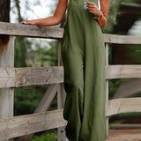 kkboxly  Solid Spaghetti Jumpsuit, Casual Sleeveless Wide Leg Long Length Jumpsuit With Pockets, Women's Clothing