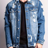 kkboxly  Men's Casual Ripped Denim Jacket, Street Style Button Up Flap Pocket Jacket