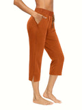kkboxly  Minimalist Split Hem Cropped Pants, Casual Solid Drawstring Elastic Waist Simple Pants, Women's Clothing