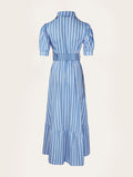 kkboxly  Elegant Striped Lace Up Long Dress, Short Sleeve V-neck Swing Belt Summer Long Dresses, Women's Clothing