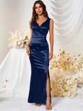 kkboxly  Solid V Neck Dress, Elegant Sleeveless Split Bodycon Dress For Party & Banquet, Women's Clothing