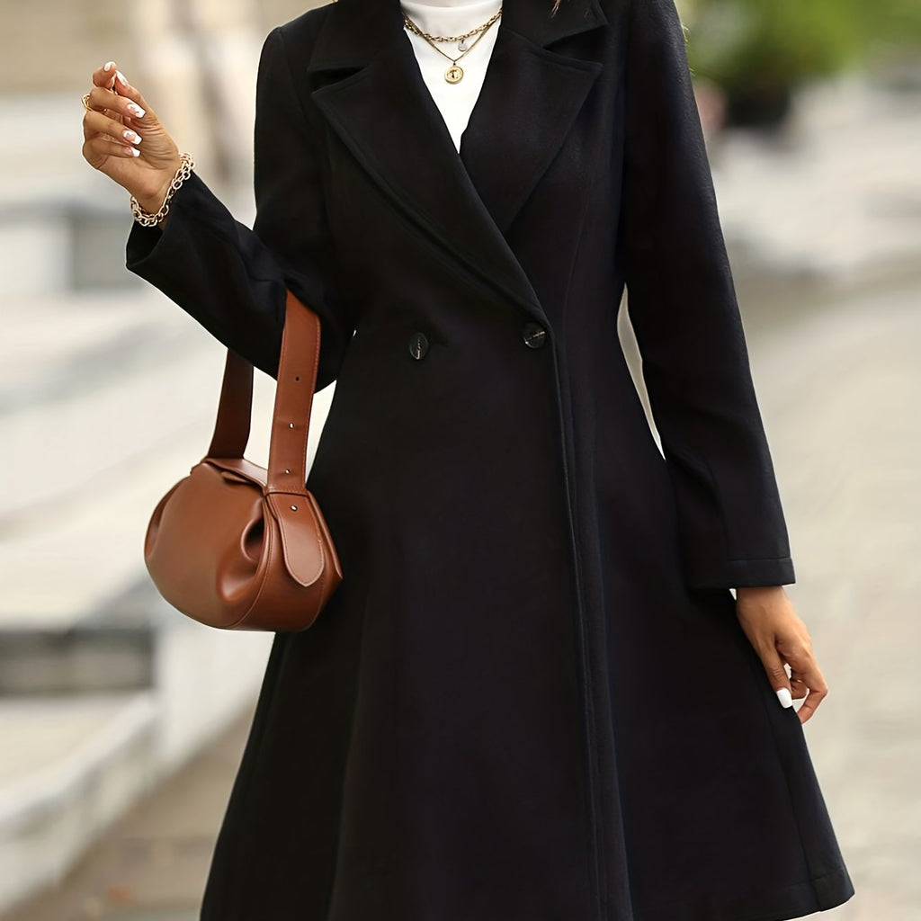 Solid Double Breasted Lapel Overcoat, Versatile Long Sleeve Swing Thermal Coat, Women's Clothing