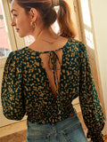 kkboxly  Ditsy Floral Print Blouse, Boho Tie Back Long Sleeve Shirred Blouse, Women's Clothing