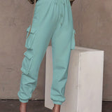 kkboxly  Drawstring Baggy Cargo Pants, Casual High Waist Flap Pockets Pants, Women's Clothing