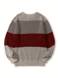 kkboxly  All Match Knitted Color Block Sweater, Men's Casual Warm Slightly Stretch Crew Neck Pullover Sweater For Men Fall Winter