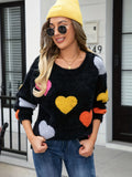 kkboxly Heart Pattern Crew Neck Fleece Sweater, Valentine's Day Long Sleeve Cozy Pullover Sweater, Women's Clothing