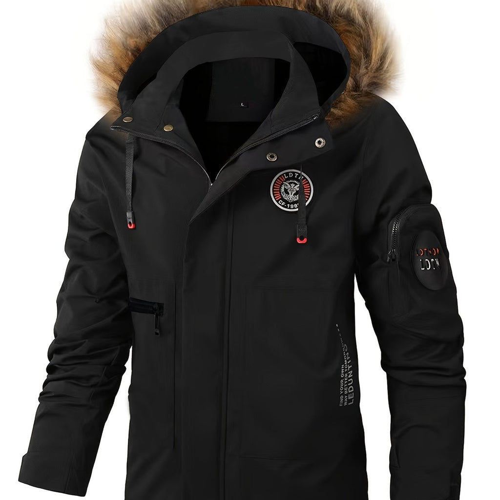 kkboxly  Plus Size Men's Badge Print Hooded Jacket Windbreaker Cargo Jacket For Fall Winter, Men's Clothing