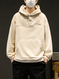 kkboxly  Men's Trendy Fleece Hoodie, Casual Slightly Stretch Breathable Button Up Loose Hooded Sweatshirt For Outdoor