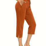 kkboxly  Minimalist Split Hem Cropped Pants, Casual Solid Drawstring Elastic Waist Simple Pants, Women's Clothing