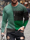 kkboxly Color Block Men's Long Sleeve Vintage Novelty T-shirt, Stylish Tees For Autumn, Mens Clothing