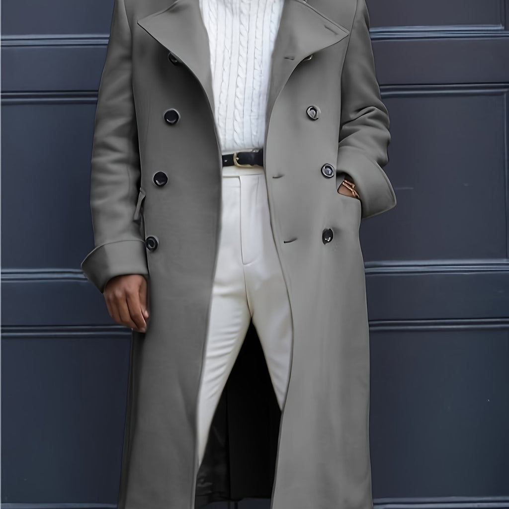 kkboxly  Men's Trendy Retro Double Breasted Long Sleeve Coat Windbreaker Lapel Long Overcoat For Autumn Winter