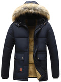 kkboxly  Men's Winter Removable Hooded Cotton-padded Jacket Coat Sherpa Lined Midi Packable Parka Jackets, Men's Parka