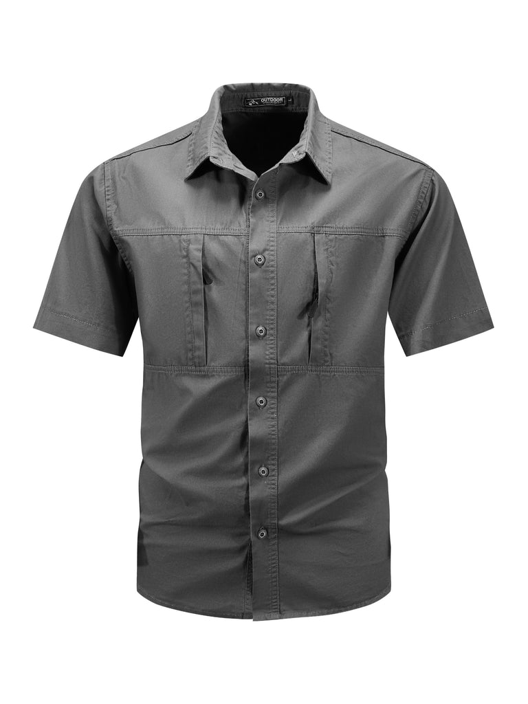 kkboxly  Trendy Solid Print Men's Casual Short Sleeve Cotton Shirt With Pockets, Men's Shirt For Summer, Tops For Men