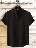 kkboxly  Casual Linen Men's Stand Collar Short Sleeve Shirt With Chest Pocket, Solid Color Men's Shirt For Summer Outdoor, Gift For Men
