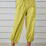 kkboxly  Plus Size Casual Pants, Women's Plus Solid Bow Knot Elastic Button Decor Pants With Pockets