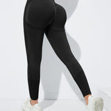 kkboxly  Solid Hip Lifting Stretchy Yoga Leggings, High Waist Fitness Workout Gym Ankle Length Pants, Women's Activewear