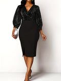 kkboxly  Elegant Skinny Shiny Dress, Long Sleeve V-neck Dress For Party & Banquet, Women's Clothing