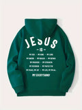 kkboxly  Men's Jesus Is My Everything Print Hoodie With Assorted Colors, Casual Slightly Stretch Drawstring Long Sleeves Hooded Sweatshirt, Men's Clothing