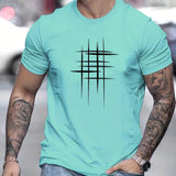 kkboxly  Line Cross Men's T-shirt For Summer Outdoor, Casual Slightly Stretch Crew Neck Tee Short Sleeve Graphic Stylish Clothing