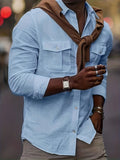kkboxly  Trendy Solid Men's Long Sleeve Lapel Shirt With Pocket Design For Spring Fall Outdoor, Gift For Men