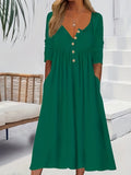 kkboxly  Dual Pockets Button Dress, Casual Crew Neck Long Sleeve Dress, Women's Clothing