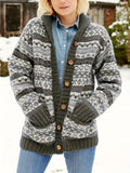 kkboxly  Tribal Pattern Button Down Knit Cardigan, Casual Long Sleeve Thick Sweater With Pocket, Women's Clothing