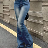kkboxly Plain Washed Retro Flare Jeans, Slim Fit High Stretch Slant Pockets Bell Bottom Jeans, Women's Denim Jeans & Clothing