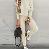 kkboxly Casual Solid Sports Two-piece Set, With Slanted Shoulder Long Sleeve Hoodies & Tied Striped Pants Set, Women's Clothing