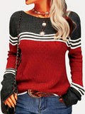 Color Block Boat Neck Knitted Top, Casual Long Sleeve Pullover Sweater For Fall & Winter, Women's Clothing