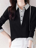 Striped Print Color Block Splicing Shirt, Casual Long Sleeve Button Front Shirt For Spring & Fall, Women's Clothing
