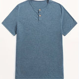 kkboxly  Solid Color Men's Basic Henley Tee, Casual Slim Short Sleeve Henley T-Shirt With Button