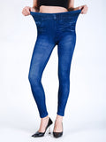 kkboxly  Fake Denim Print Skinny Leggings, Casual Elastic Waist Stretchy Leggings, Women's Clothing