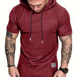 kkboxly  Plus Size Men's Basic Short Sleeve Hooded T-shirt, Summer Comfy Tops With Drawstring