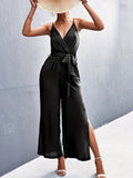 kkboxly  Boho Split Wide Leg Cami Jumpsuit, Sexy V-neck Backless Belted Jumpsuit, Women's Clothing